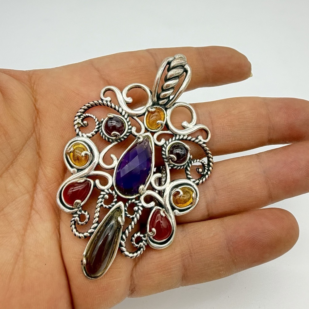 Vtg Carolyn‎ Pollack Sterling Silver Multi Gemstone Pendant Enhancer QVC